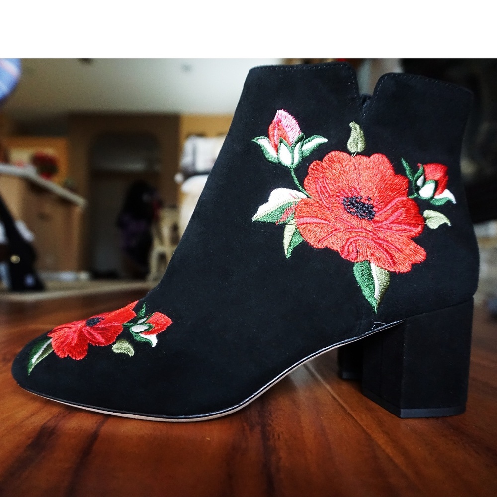 Kate Spade Black Suede Floral Embroidered Boots